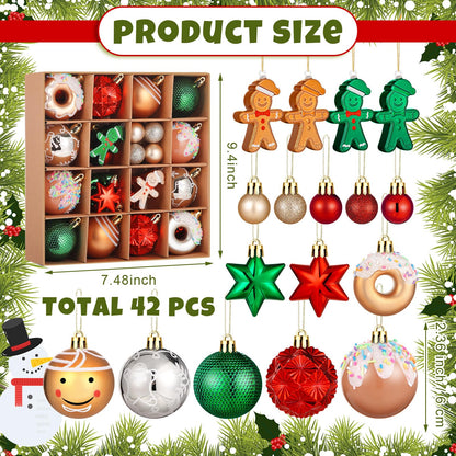 Syhood 40 Pcs Gingerbread Man Christmas Ball Ornaments 2.4 Inch Gingerbread Christmas Decorations Shatterproof Red Green Gold Candy Donut Xmas Baubles for Tree Home Wreath Holiday Office Indoor Decor