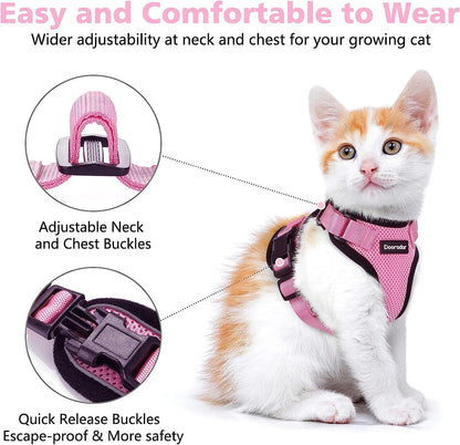 Dooradar Cat Harness and Leash Set, Escape Proof Safe Adjustable Kitten Vest Harnesses for Walking, Easy Control Soft Breathable Mesh Jacket with Reflective Strips for Cats, Pink, M