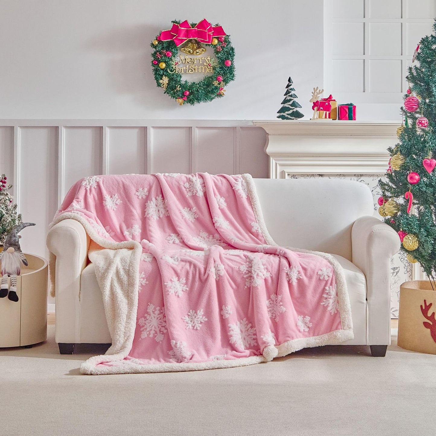 LenLuck Pink Christmas Blanket 50"x60", Soft Flannel Fleece Front & Sherpa Back, Snowflakes Throw Blanket for Couch, Fluffy Fuzzy Blanket, Christmas Decor Gift for Women, Men