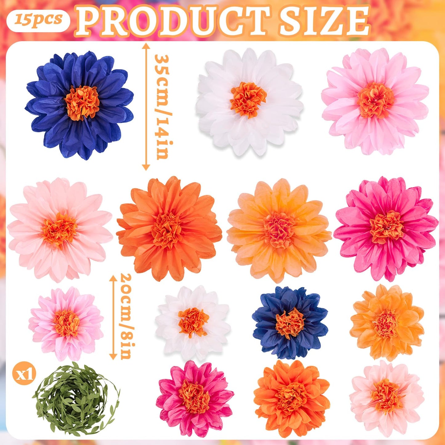 OBBOLO Wildflower Paper Flowers, 14 Pcs Paper Flowers Decorations for Wall, 8 in, 14 Inch Tissue Paper Flower for Wedding Party Baby Bridal Shower Nursery Wall Decor Bulletin Board Classroom
