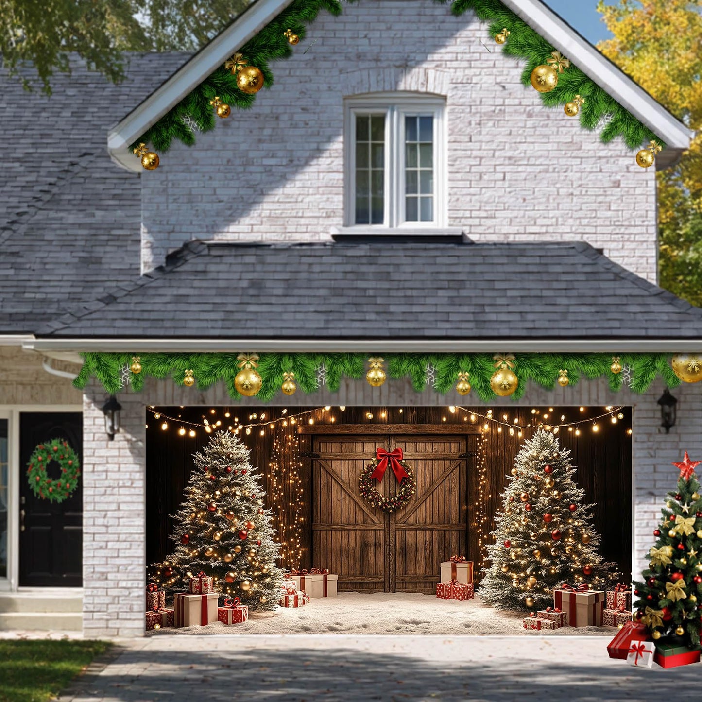 HOMETITUTE Christmas Garage Door Banner 13x6ft Wooden Wall Style Holiday Decoration with Xmas Trees Gift Boxes Snowflakes Hanging Lights andfor Outdoor Yard or Wall Backdrop