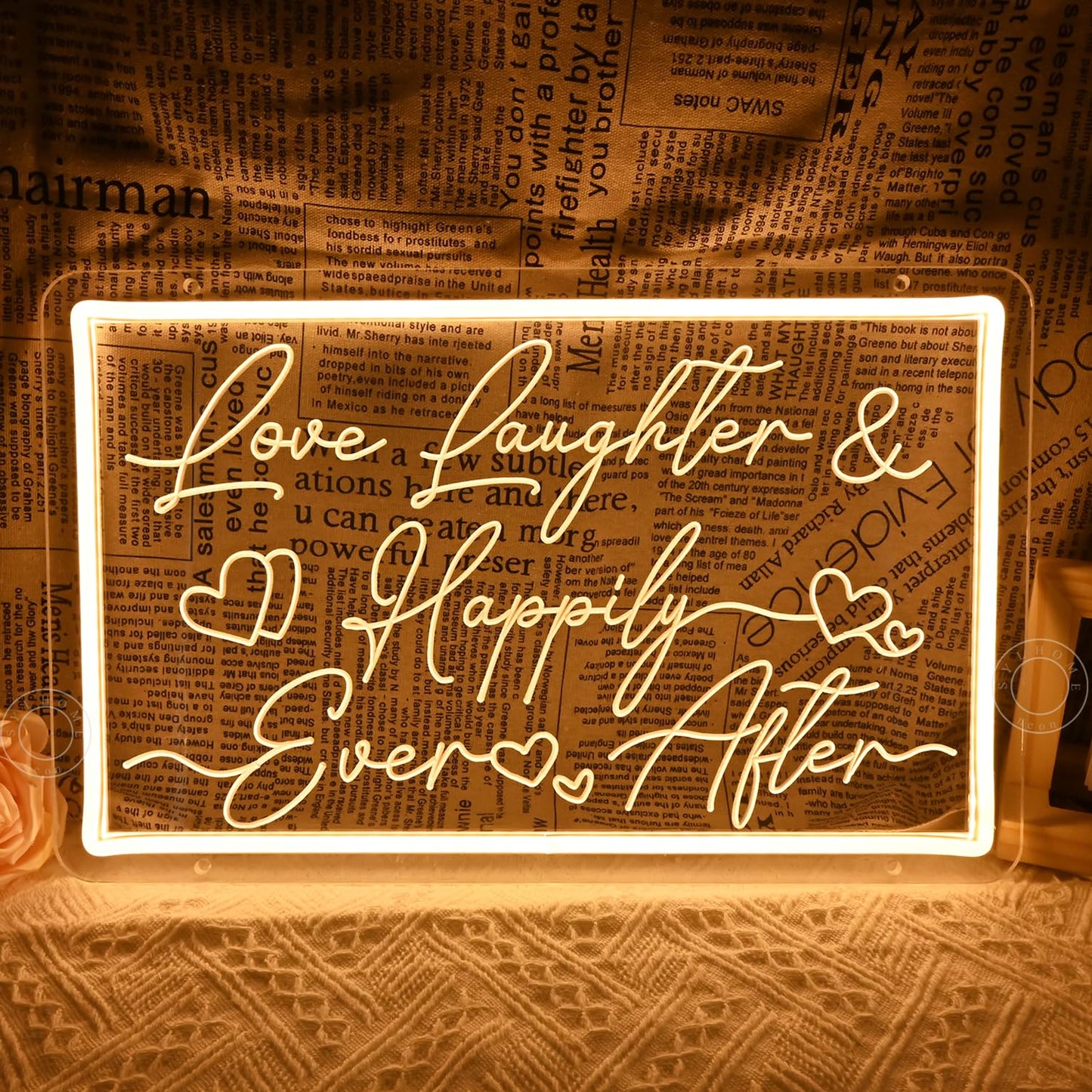 SYLHOME Led Neon Light Sign Love Laughter Happily Ever After Wedding Backdrop Home Bedroom Living Room Wall Sign Decor Birthday Christmas Party 15.75" X 9.84" USB