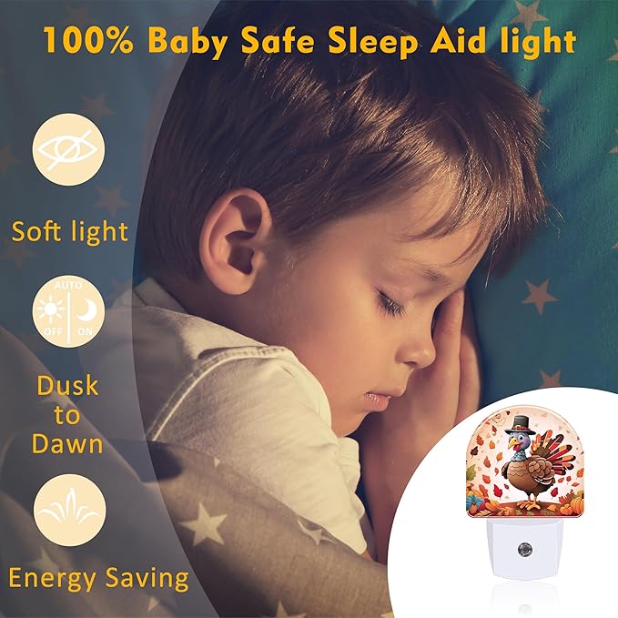 Cute Cartoon Turkey Night Light for Kids,Thanksgiving Day Fall Autumn Night Light Plug in with Dusk to Dawn Sensor,0.5w Energy Saving Nightlight for Hallway Stairway Kitchen Bedroom