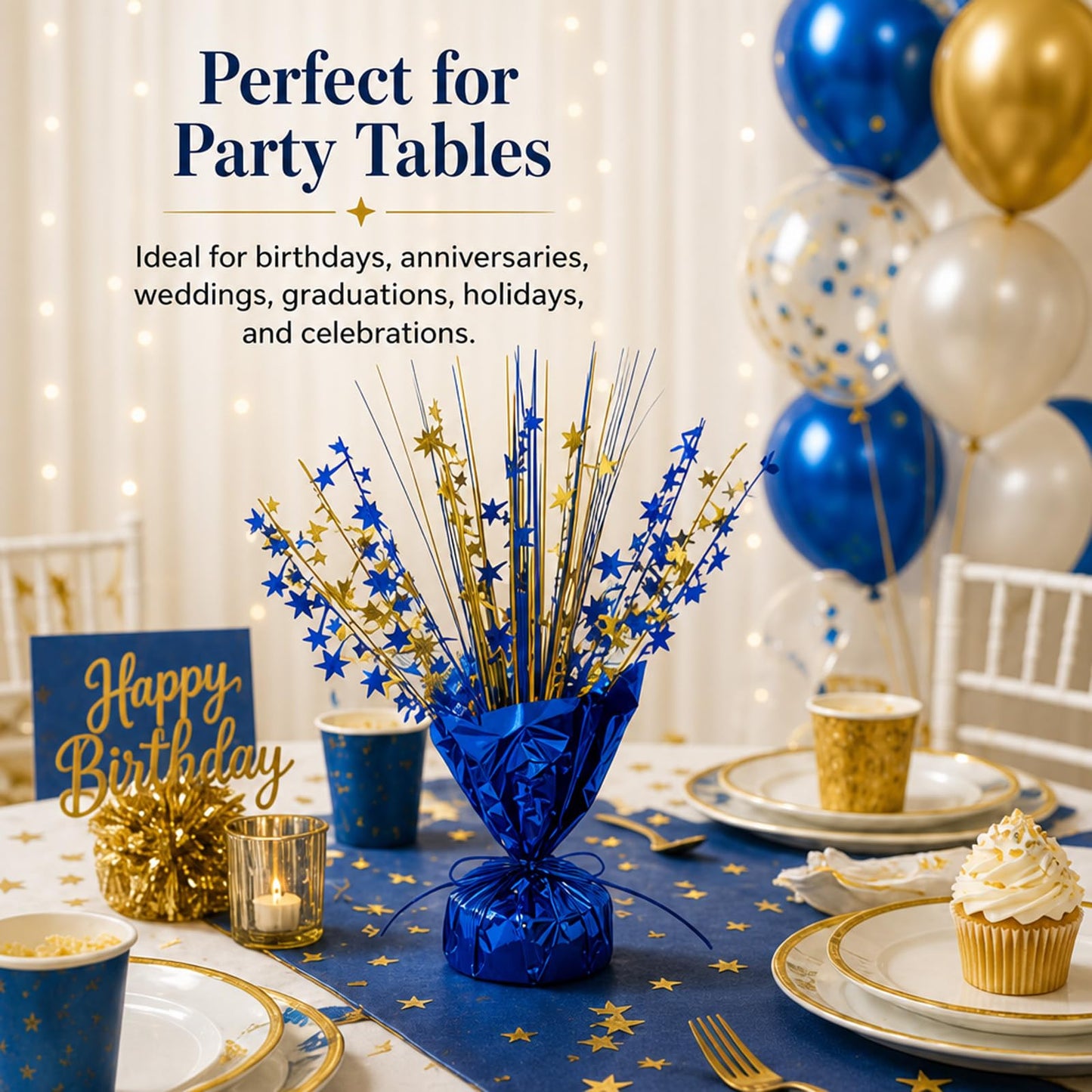 WMYQZXDF 6 Pack Metallic Foil Burst Star Table Decor, Blue & Gold Glitter Spray Centerpieces Scatter for Graduation,Birthday Party - Sparkling Tabletop Filler for Dessert Table or Holiday Celebration