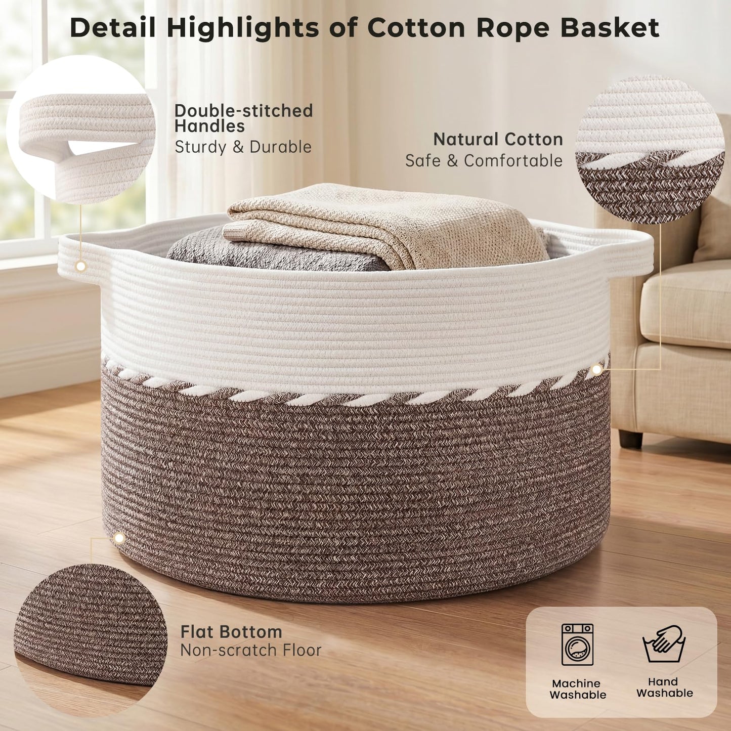 OIAHOMY 90L Extra Large Blanket Basket - Decorative Cotton Rope Storage Basket for Bedroom, Living Room & Nursery - Woven Laundry Hamper for Organizing Blankets, Clothes & Toys - Brown & White