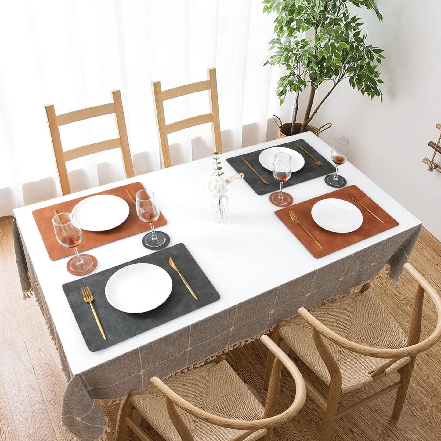 Pixieora Faux Leather Placemats and Coasters Set of 6, Washable Reversible Placemats Cowhide Pattern Place Mats Waterproof Non-Slip Kitchen Dining Table Mats Drink Coasters (Gray Brown, 6)