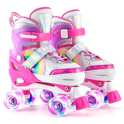 SULIFEEL Rainbow Unicorn 4 Size Adjustable Light up Roller Skates for Girls Boys for Kids Beginners Rollerskates Pink Large