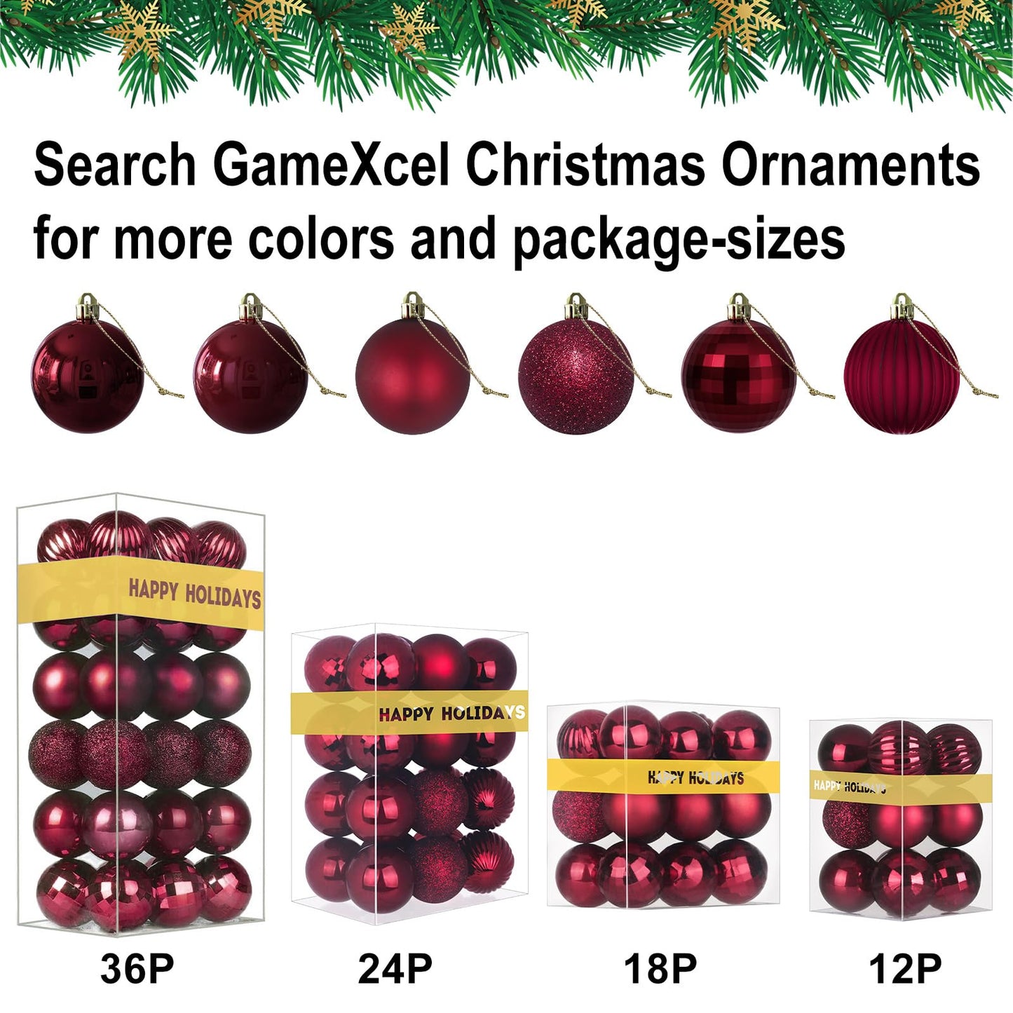 Maroon 2.5" Christmas Balls Christmas Tree Decoration Ornaments Shatterproof Hanging Balls for Birthday Halloween Holiday Wedding Decorations Set of 24pcs