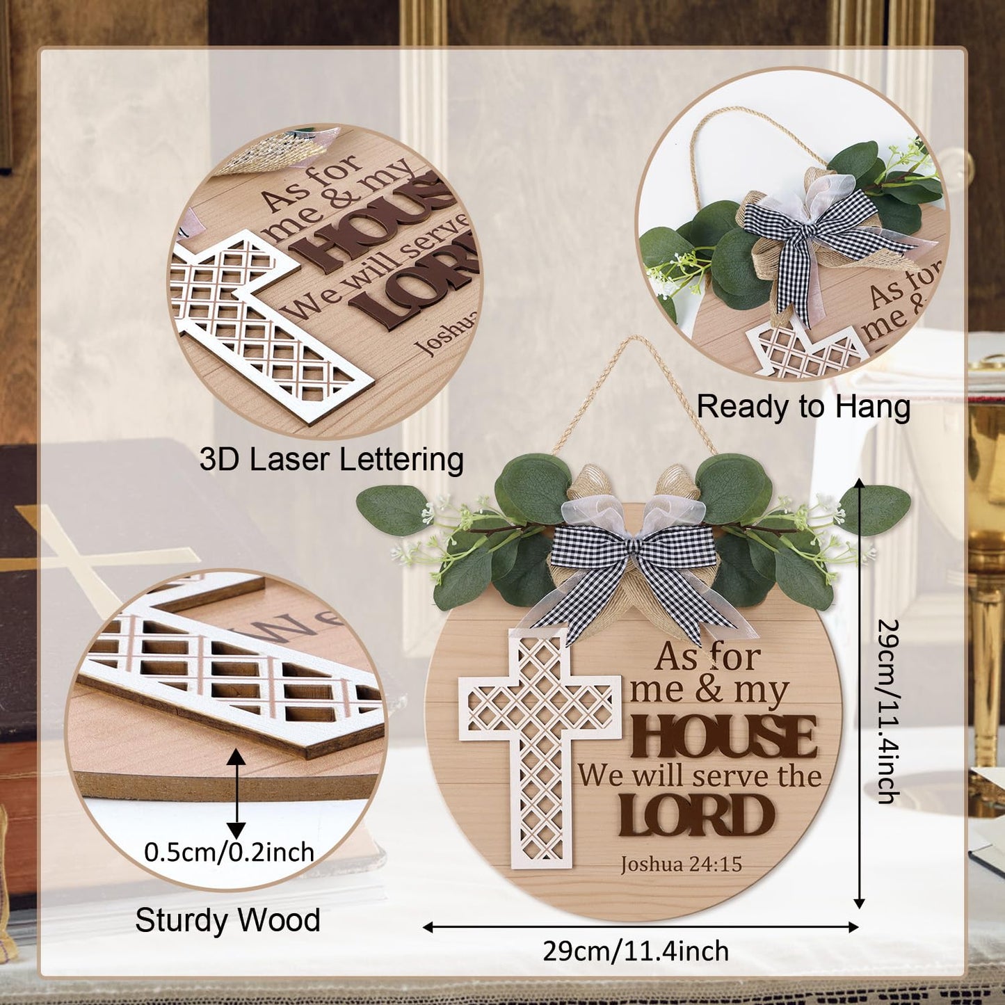 TOARTi Christian Cross Front Door Sign Wreath (11.4"x11.4"), Bible Verse Joshua 24:15 We Will Serve The Lord Wall Sign Hanging, Religious Home Wooden Door Decoration for Housewarming