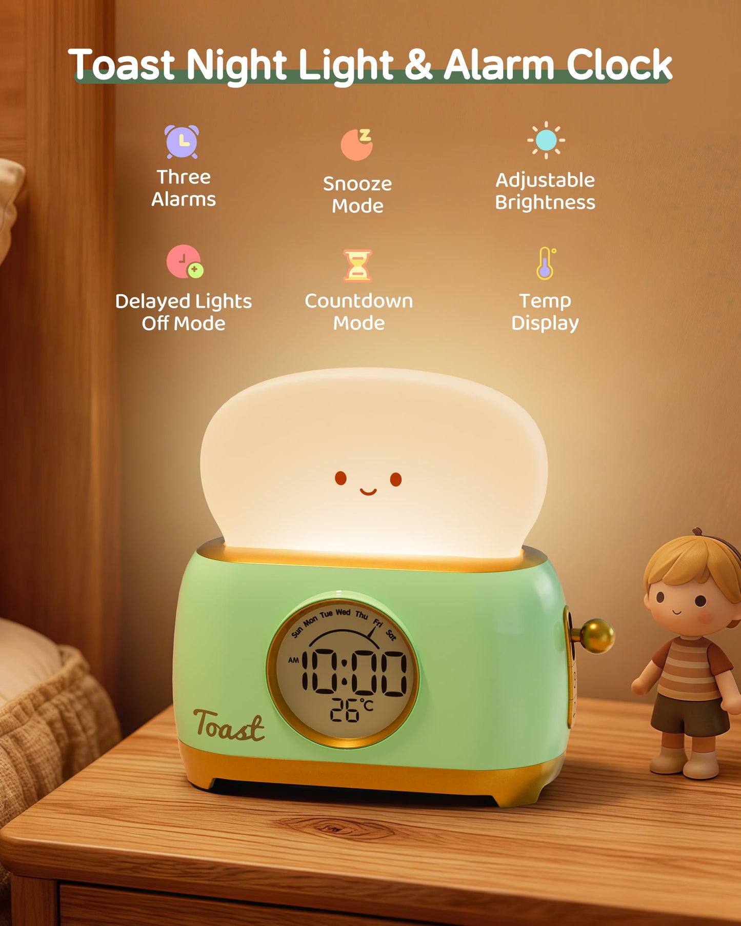 Aokpsrt Alarm Clock for Kids, Cute Toast Night Light Alarm Clocks for Bedrooms, Dimming Rechargeable Small Led Desk Clock with Snooze & Countdown for Room Decor, Bedside Clock for Teen Girls Boys