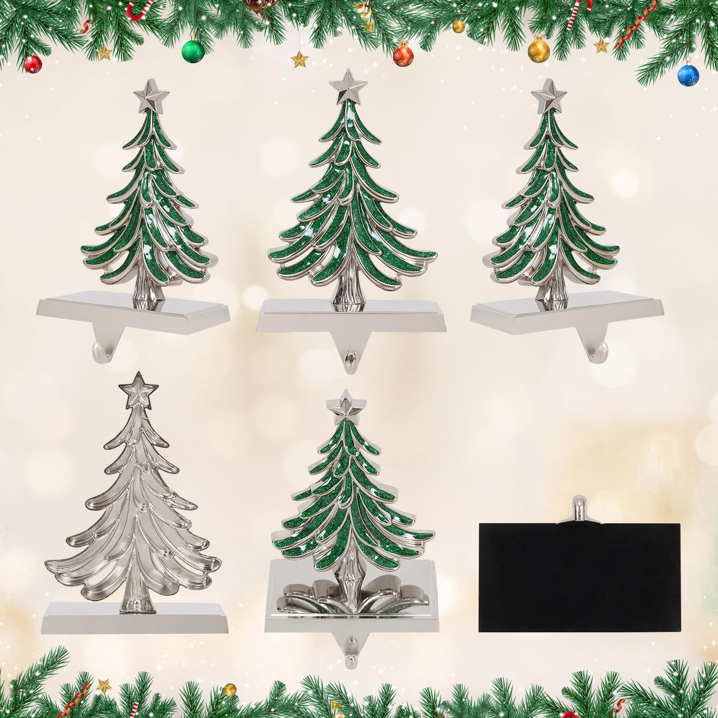 G GOOD GAIN Christmas Stocking Holders for Mantle - Set of 2 Christmas Tree Weighted Stocking Hangers with Non-Slip Base Silver Sturdy Metal Hooks for Fireplace Shelf Counter Holiday Decorations