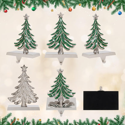 G GOOD GAIN Christmas Stocking Holders for Mantle - Set of 2 Christmas Tree Weighted Stocking Hangers with Non-Slip Base Silver Sturdy Metal Hooks for Fireplace Shelf Counter Holiday Decorations