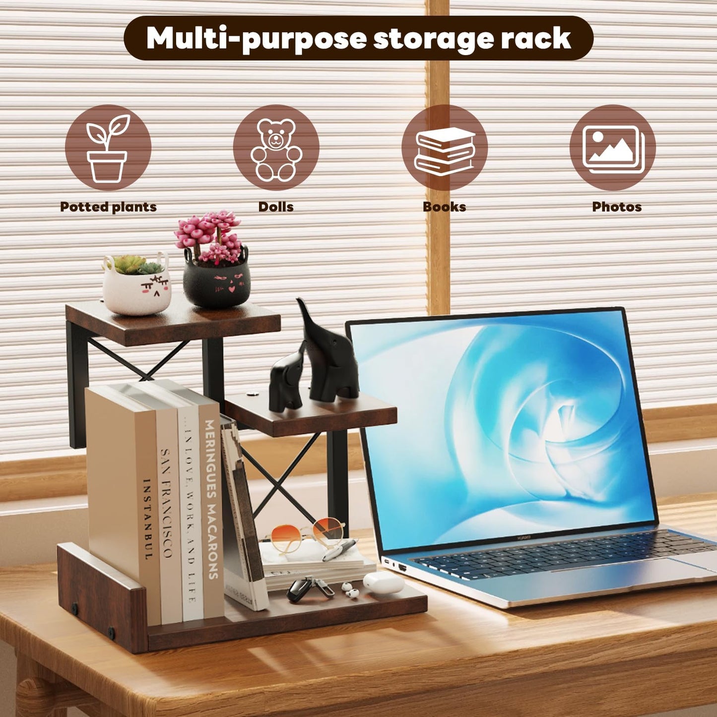 Abiglifty Desk Shelf Organizer, Wooden Desktop Organizers, 3 Tier Desk Hutch Small Bookshelf, Nightstand Organizer, Riser Display Stand for Office, Dorm, Home (Brown)