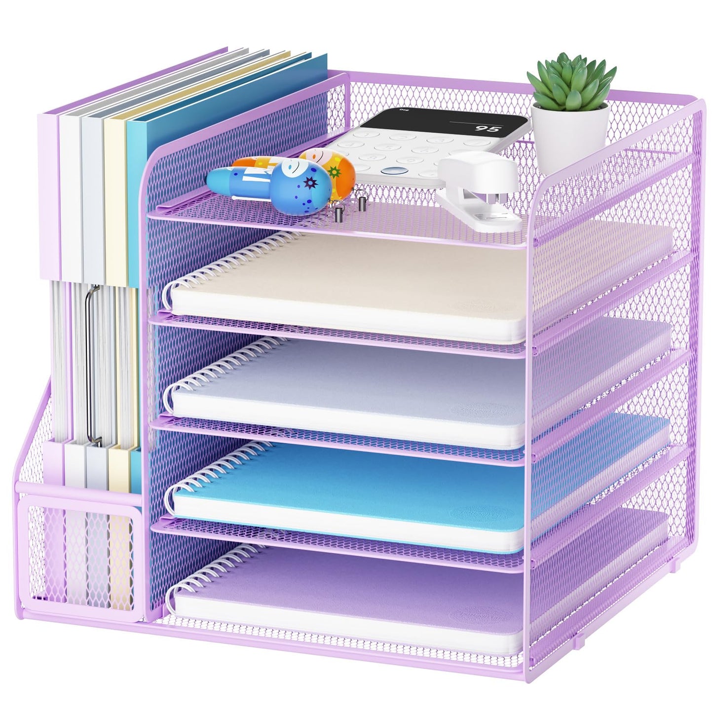 Marbrasse Desk Organizers and Accessories, 5-Tier Paper Letter Tray Organizer with File Holder, Mesh File Organizer, Office Desk Accessories & Organization for Supplies (Purple)