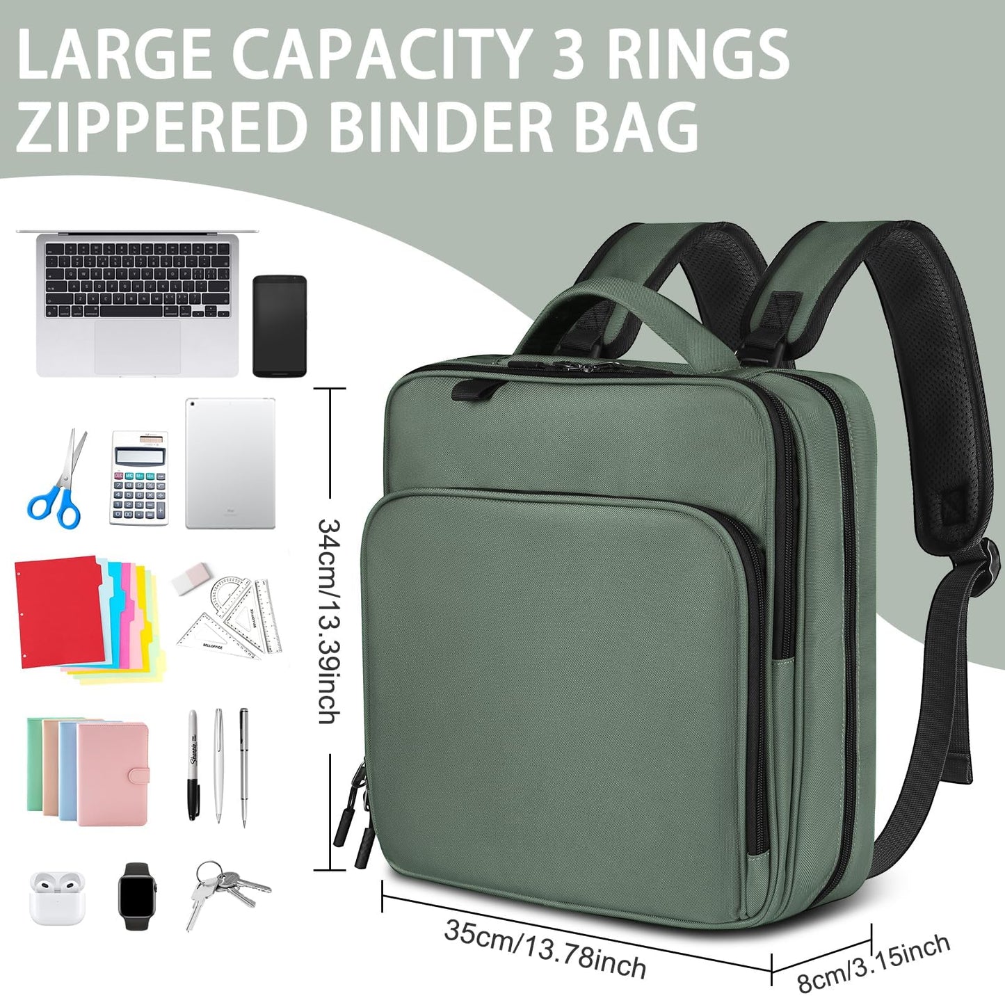 Zipper Binder Bag, 2-inch 3-Rings with Multiple Pockets File Folder - 500 Sheet Capacity, Up to 14‘’ Laptop and Tablet, Detachable Backpack Straps & Shoulder Use for School