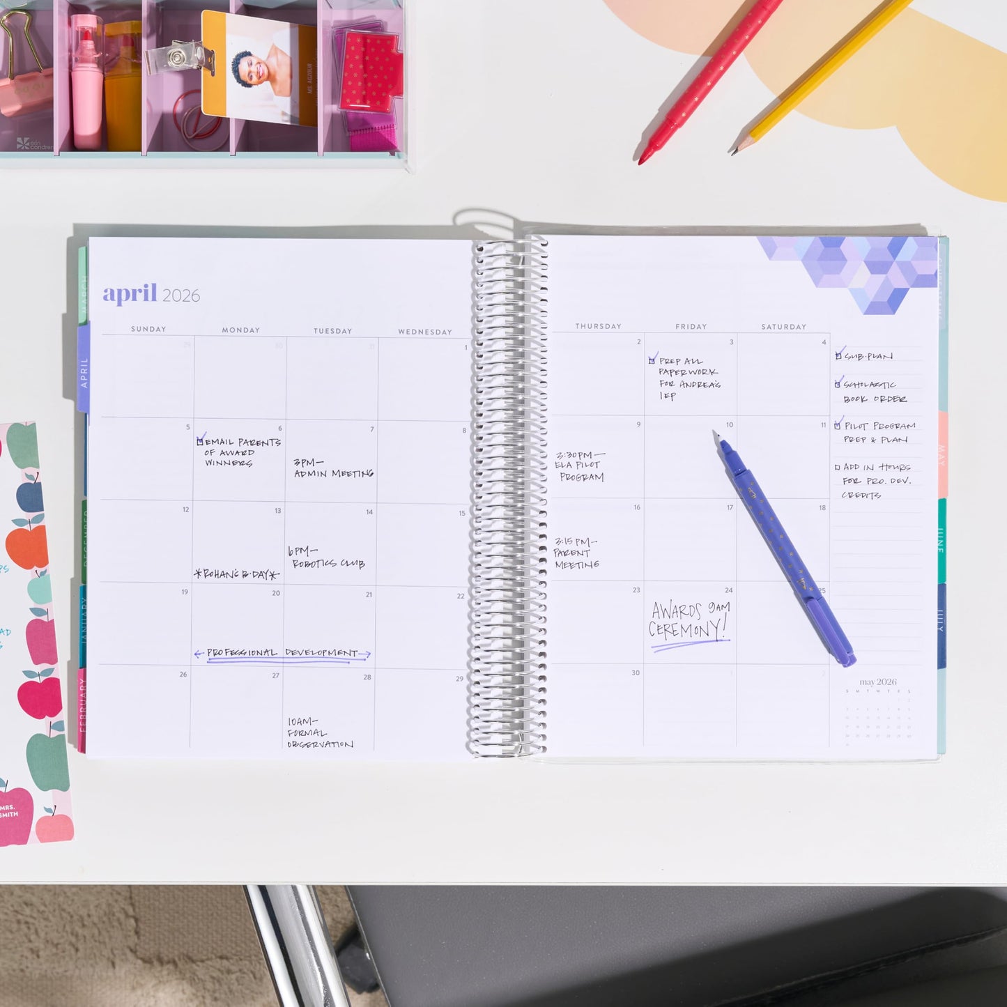 8.5x11 Coiled Teacher Lesson Planner (January 2026 - December 2026) - Apple Dapple classic cover, horizontal layout, Hexagon theme, platinum coil