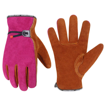 HANDLANDY Leather Work Gloves for Men and Women, Utility Tough Cowhide Glove for Gardening, Wood Cutting, Welding, Construction, Chainsaw, Truck Driving, Yard Working etc. - Camel Pink, Small