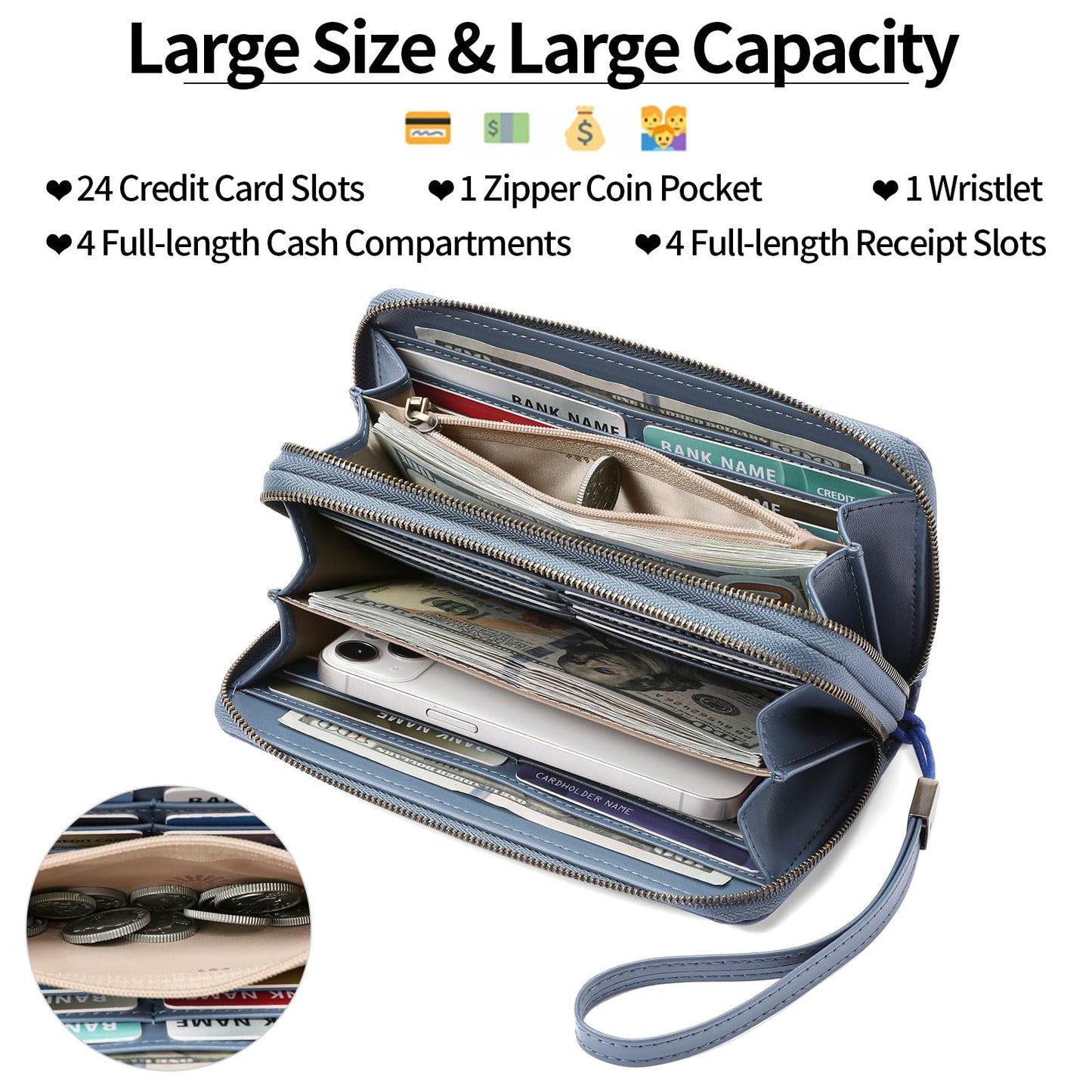 GAEKEAO Womens Wallet Large Capacity with Phone Pocket, Double Zip Around RFID Blocking Clutch Purse Wristlet Grip Hand Strap