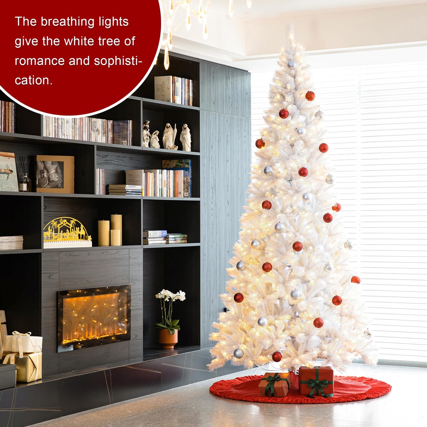Glitzhome 10ft Pre-Lit Slim Artificial Christmas Tree, Aspen Frostfall Pine Hinged Holiday Xmas Tree with Foldable Metal Stand, 800 Warm White Lights, Ideal for Home, Office, Party Decoration