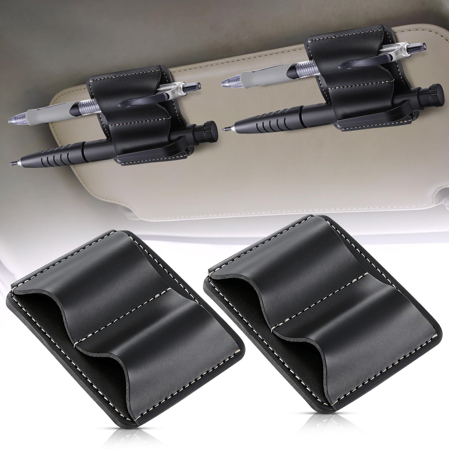 ElectricWise 2 Pack Black Leather Pen Holder for Car - Durable Vehicle Pencil Storage Organizer, Universal Car Pencil Holder Clip for Cars Notebook, Strong Grip Leather Pen Loop for Office & Commute
