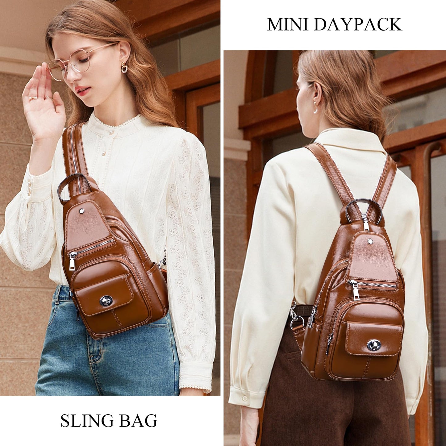 Over Earth Genuine Leather Sling Bag for Women Men Small Causal Crossbody Purse Chest Backpack(O212E Brown)