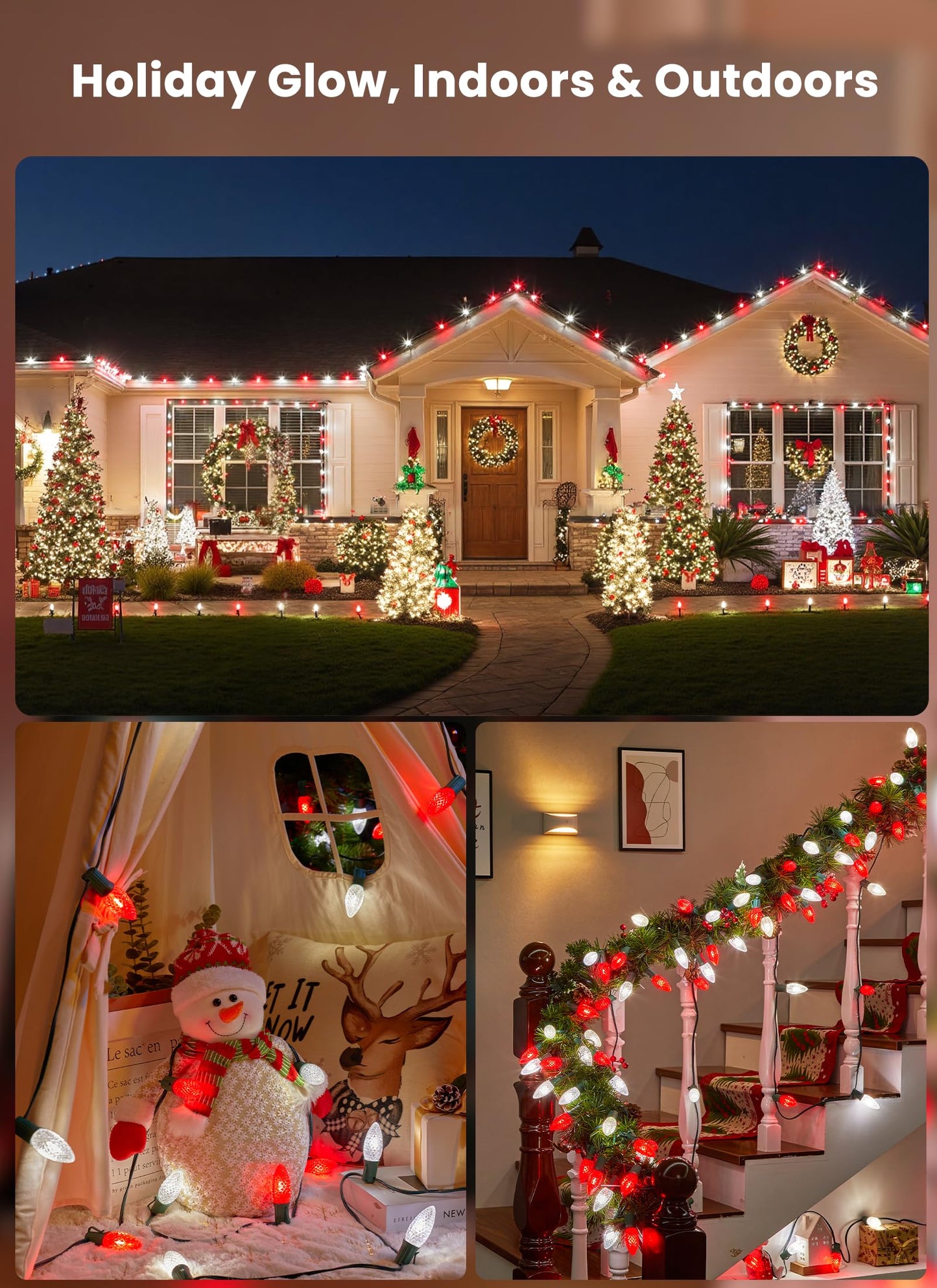 C9 LED Christmas Lights Outdoor with Stakes, 25.7 Feet 20 LED C9 Strawberry String Lights, Connectable Shatterproof Pathway Lights Marker for Path, Lane, Patio, Xmas Holiday Decorations, Red and White