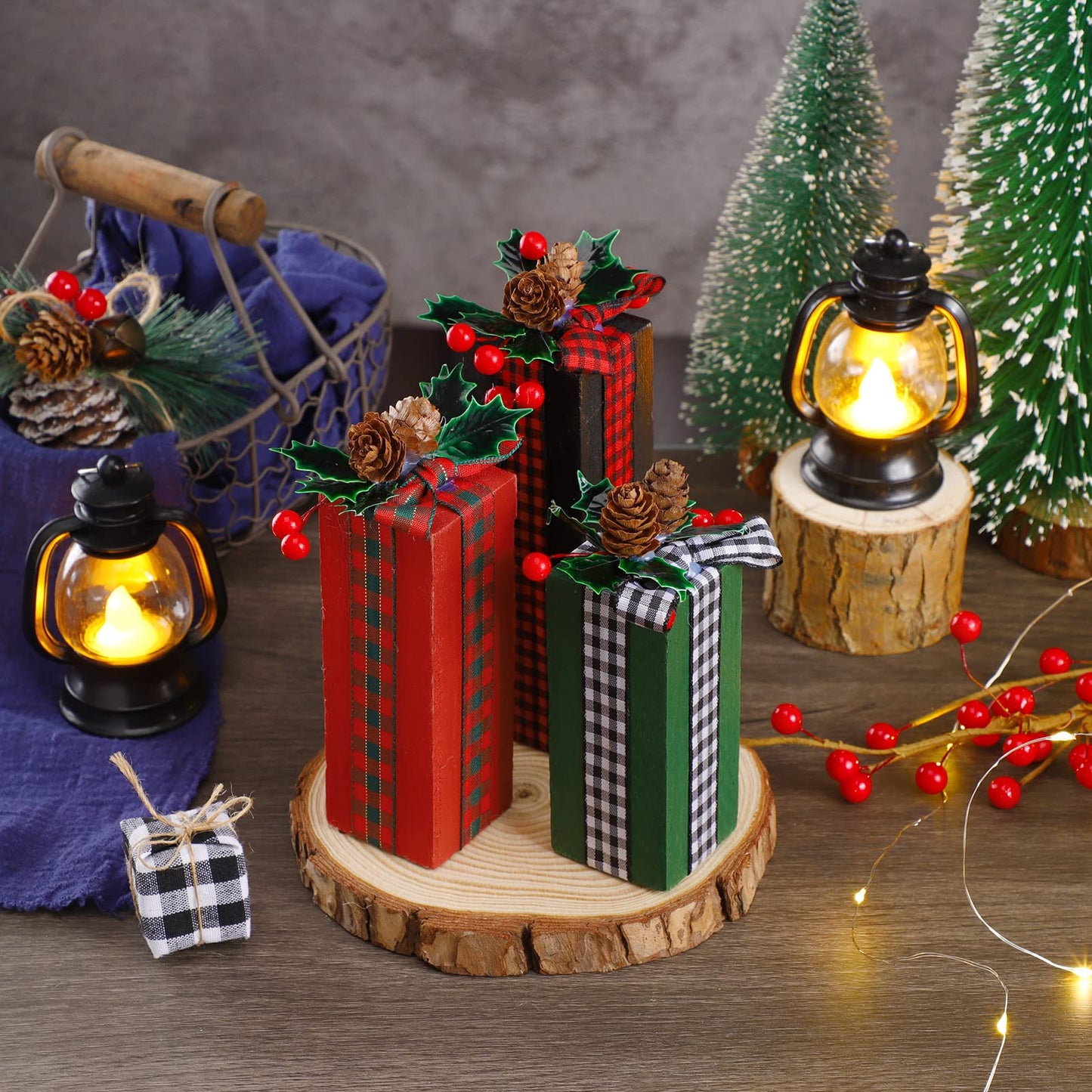 Amyhill 3 Pcs Christmas Wooden Gifts Box Decor Christmas Plaid Presents Table Centerpieces Rustic Wooden Gifts Tiered Tray Decor with Buffalo Plaid Bowknot for Xmas Party(Red, Green,Berry Style)