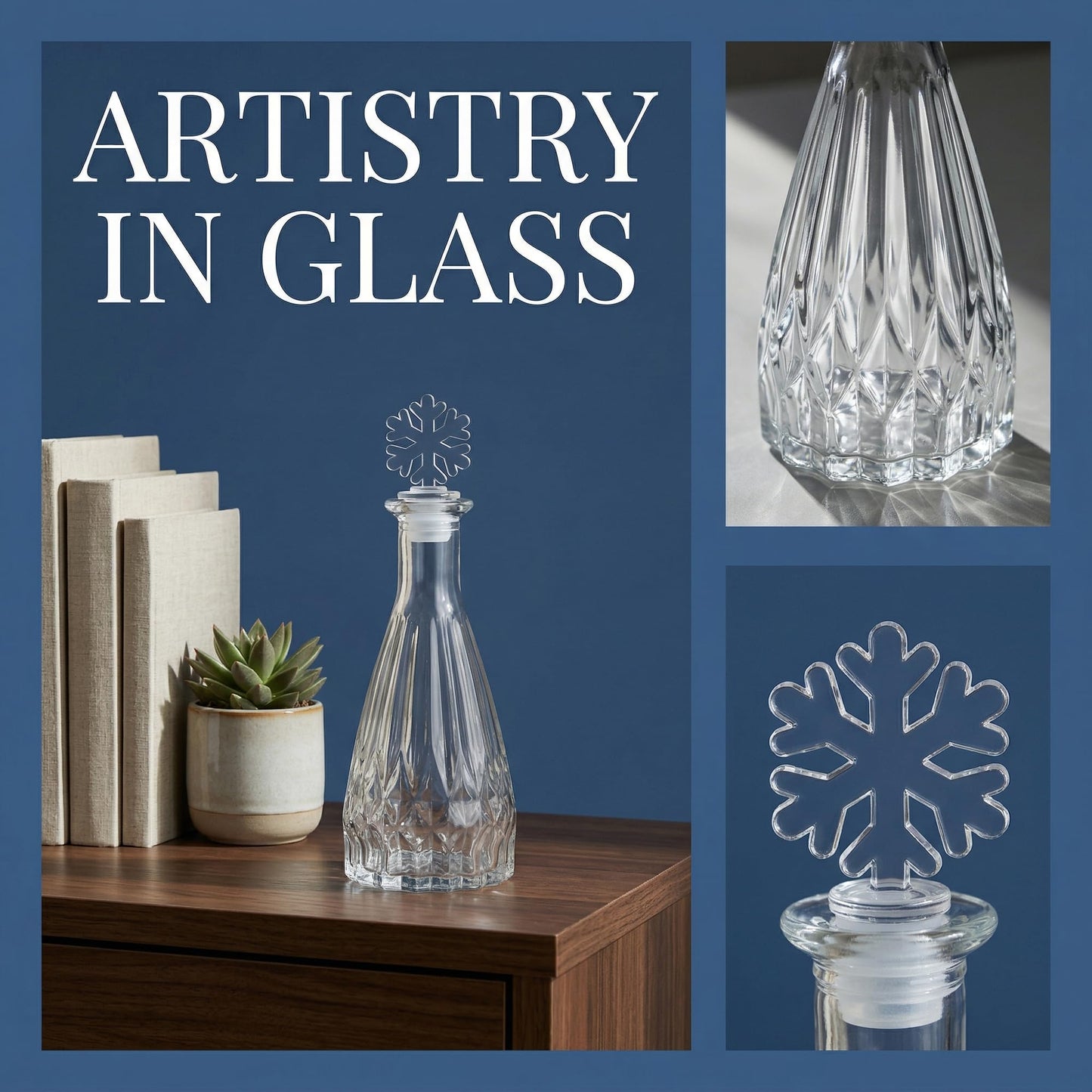 HMETOL 2pcs-Decorative Glass Jars with Ornate Glass Stoppers, Elegant Home Decor, Essential Oil Vials 2.8" L x 2.8" W x 7.5" H Snowflake Shaped Snap Cover