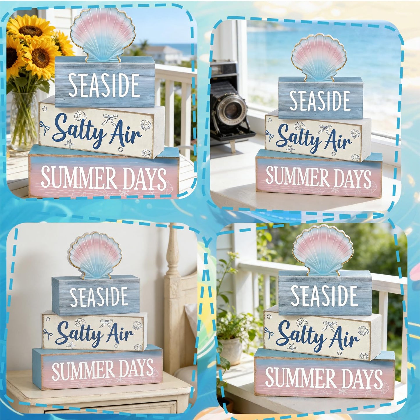 4 Pcs Seaside Beach Tiered Tray Decor Rustic Wooden Nautical Centerpiece with Salty Air Summer Days Sign Farmhouse Coastal Room Decor Summer Tiered Tray Decor