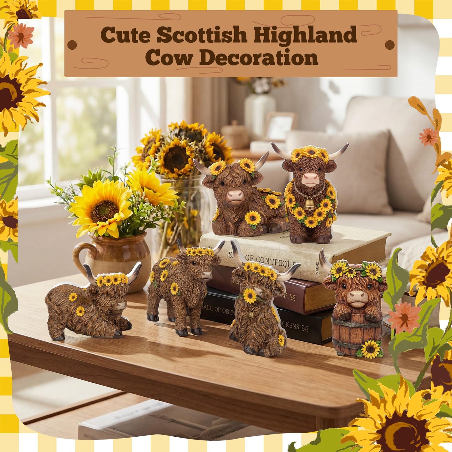 Tradder 6 Pcs Sunflower Highland Cow Table Decorations Spring Highland Cow Wooden Block Signs Farmhouse Table Centerpiece Rustic Tiered Tray Decor for Baby Shower Home Kitchen Office Desk
