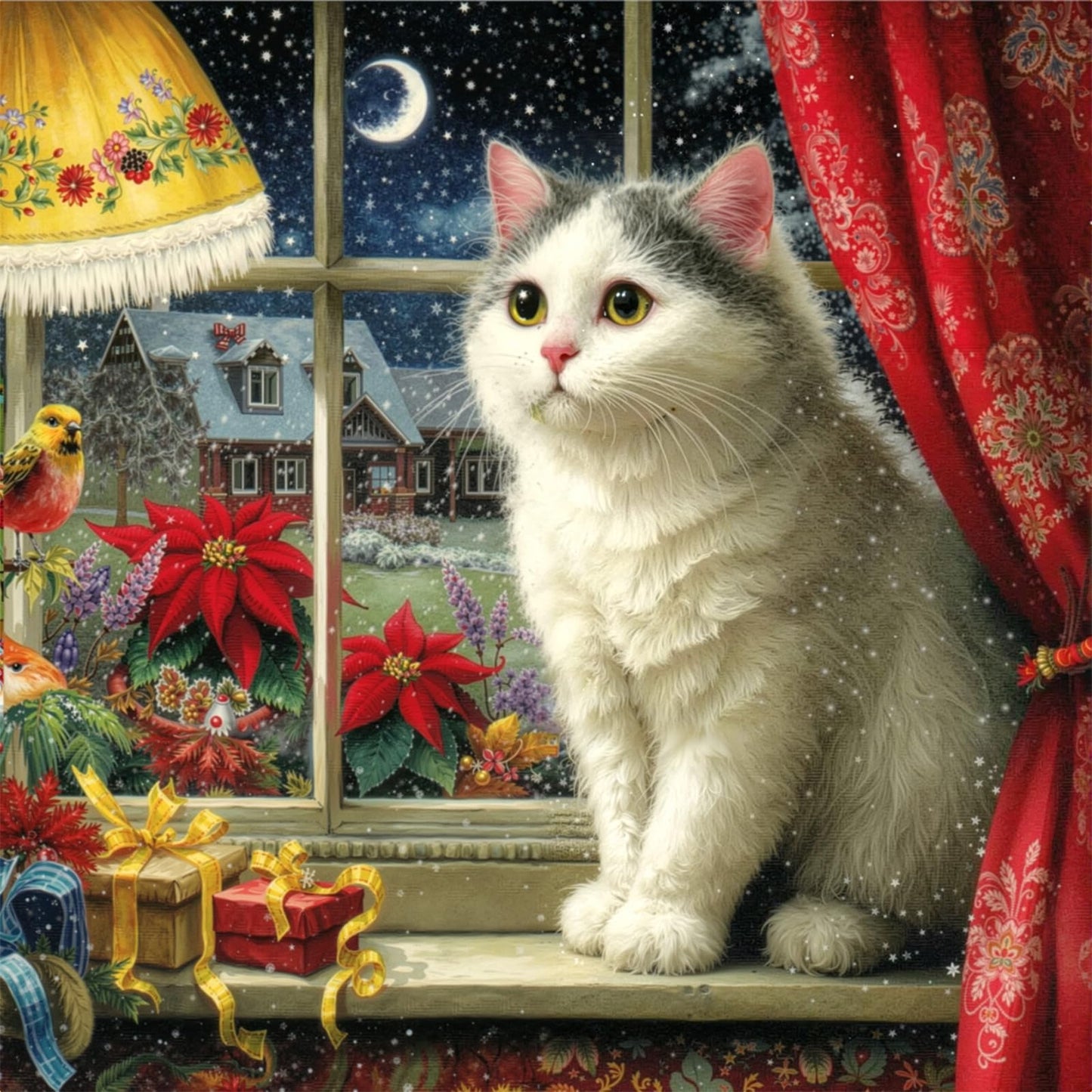 1000 Piece Jigsaw Puzzle, Gray & White Cat on Winter Window Sill