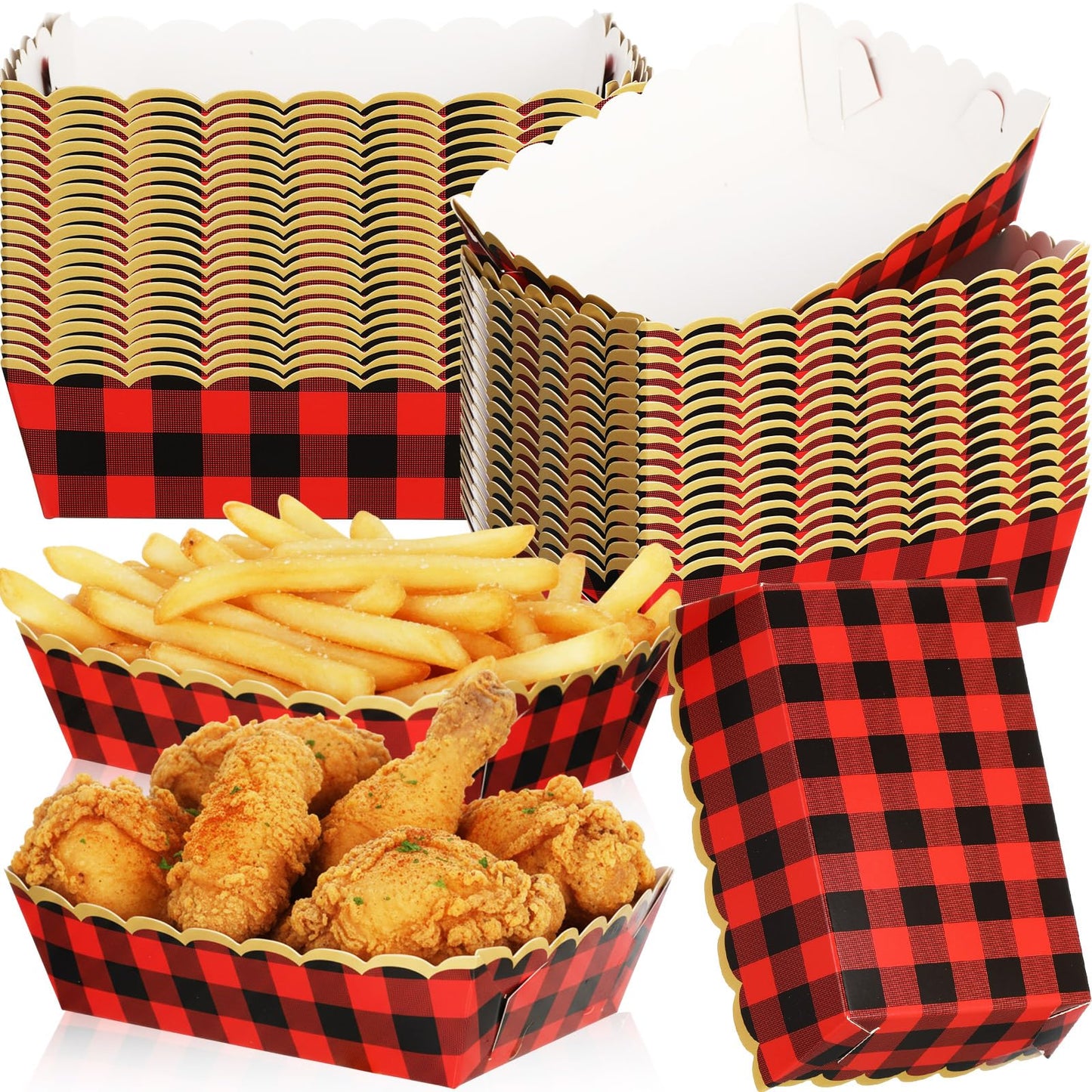 Dunzoom 50 Pack Christmas Buffalo Plaid Paper Plates Food Trays Red and Black Checkered Polka Dot Plates Disposable Food Boats for Snacks Nachos Hot Dog Carnival Bridal Baby Shower Party Decor
