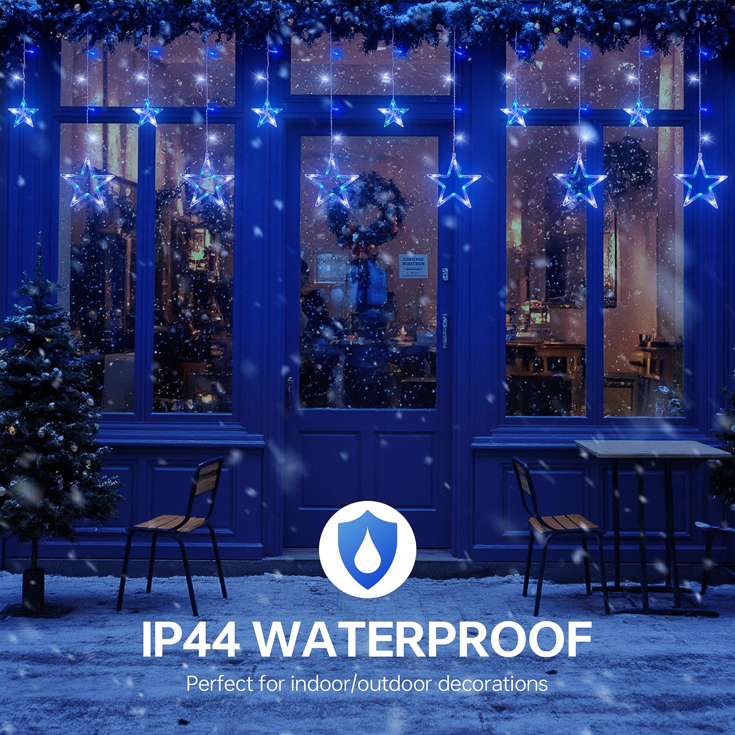 MYGOTO 126L Blue White Christmas Star Icicle Lights, 8.2FT Clear Curtain Fairy String with Connectable, Timer 8 Modes Memory, Waterproof Hanging for Eaves, Party, Wedding Indoor Outdoor Decorations