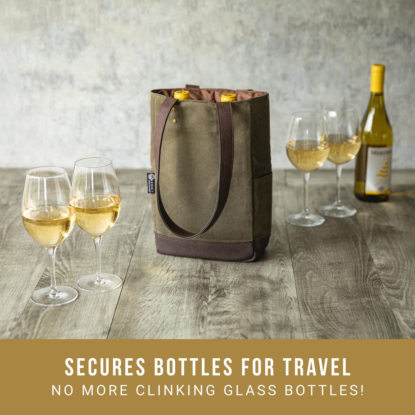 Legacy - a Picnic Time Brand, 2-Bottle Insulated Wine Bag, Distressed Waxed Canvas Wine Tote Bag, Wine Gift Bag