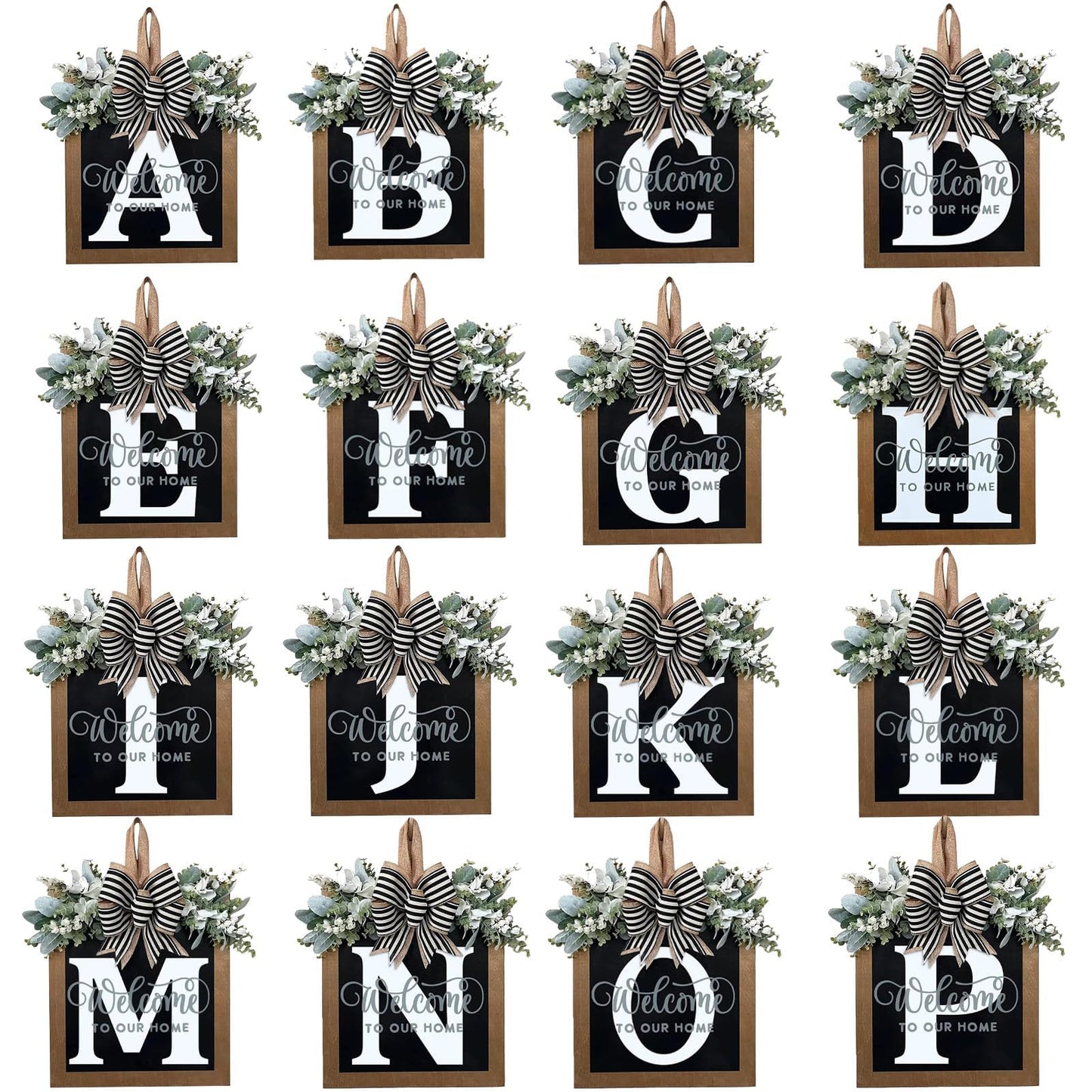 Last Name All Year Round Front Door Wreath with 26 Initial Letter Welcome Sign All Seasons Eucalyptus Garland and Bow ，Farmhouse, Porch, for Spring Summer Fall All Seasons Holiday Halloween Christmas.（G）