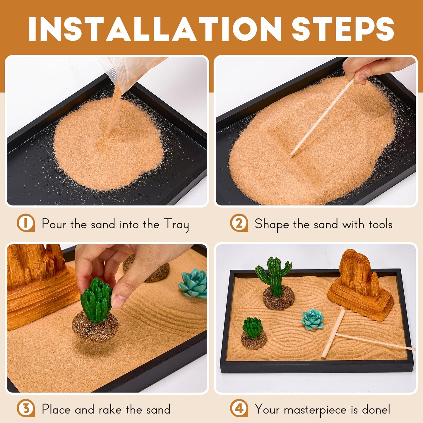 Desert Zen Garden Kit for Desk,12.6x8.6in Premium Sand Tray with 4 Artificial Features, Brown Sands, 3 Wood Tools，Mini Southwestern Desert Decor Zen Sand Garden Set for Home, Office Desk