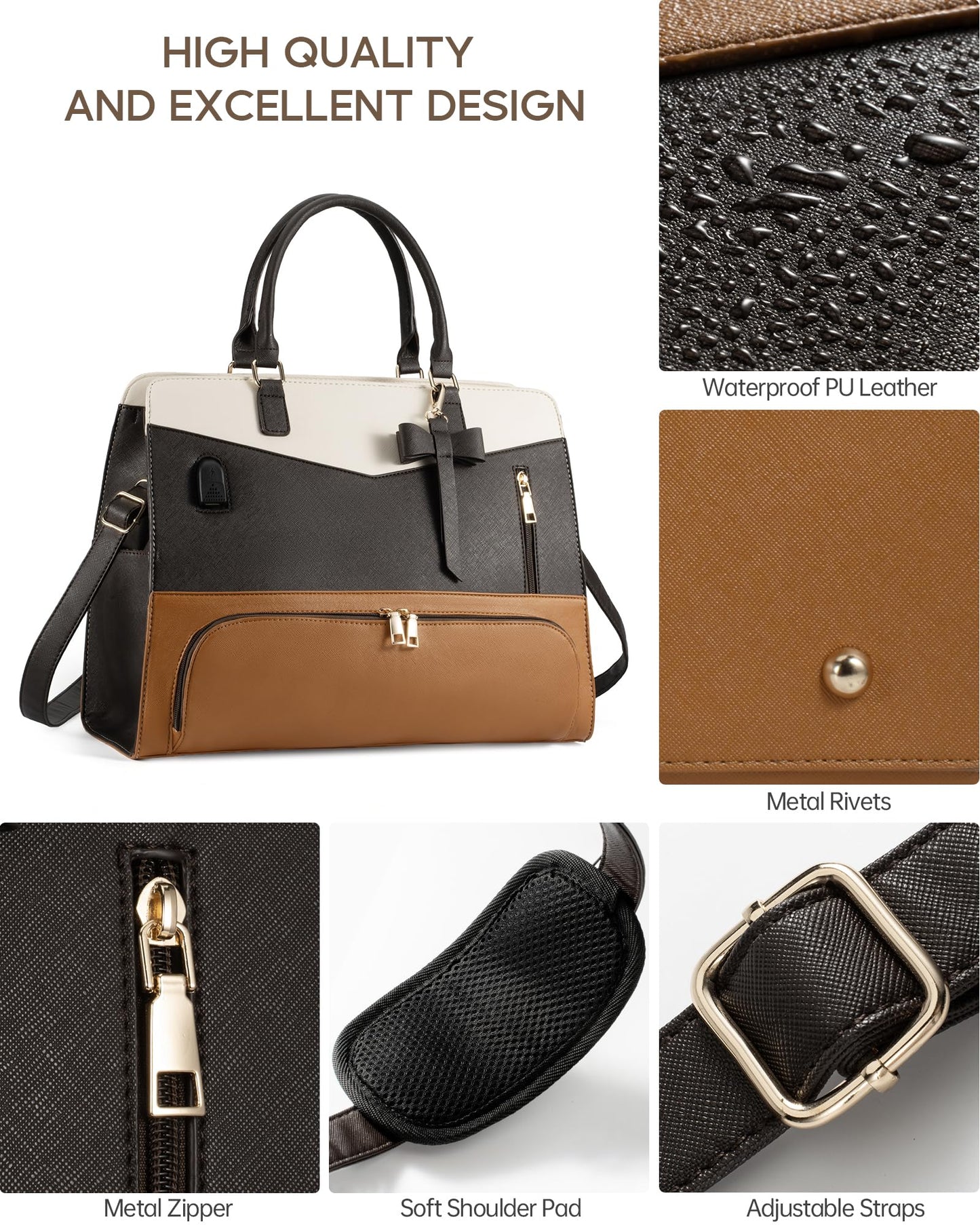 Tiostep Lunch Tote Bag for Women 2 in 1 Laptop Work Bag with Lunch Insulated Compartment and Purse Combo Leather Crossbody Bag (Black Brown)