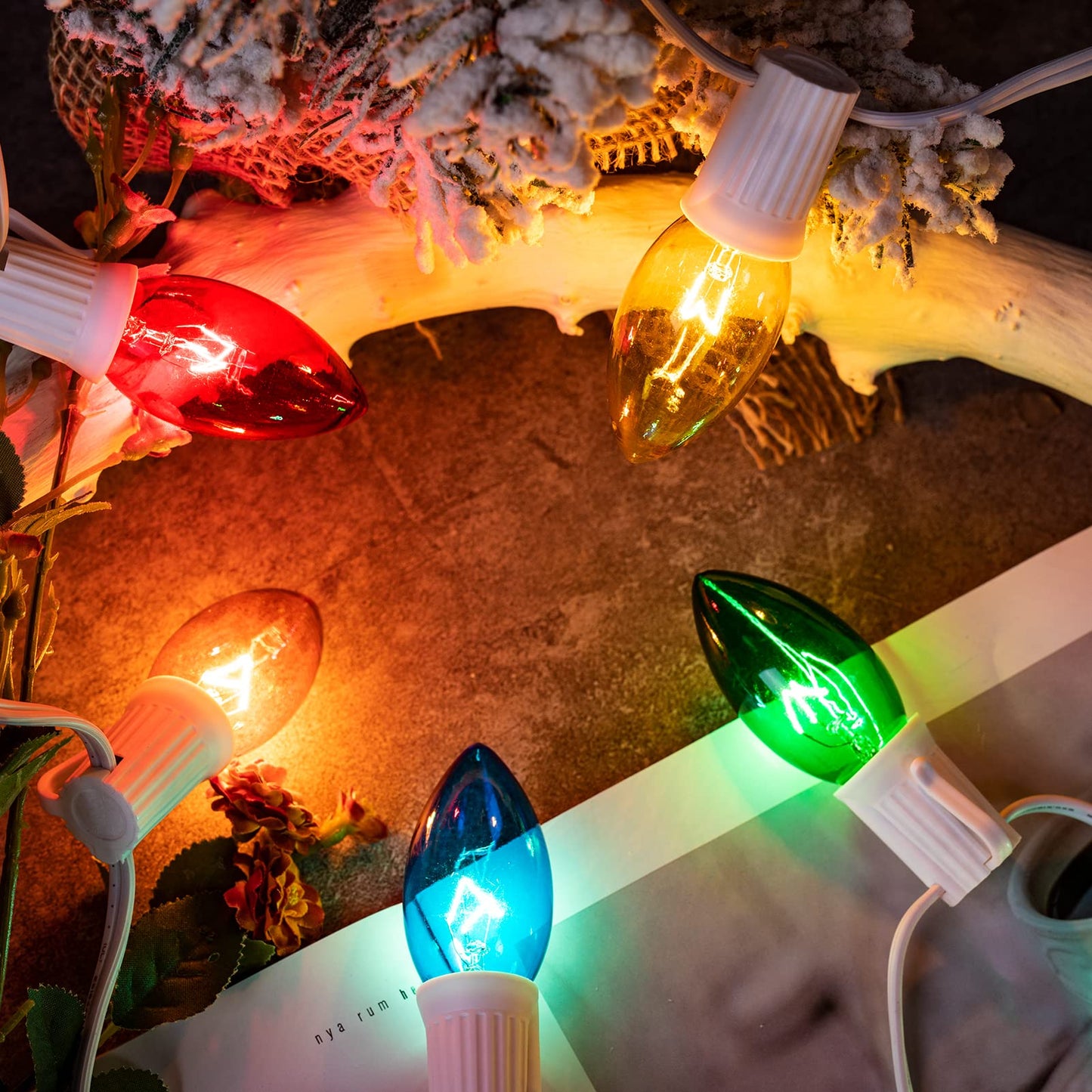 Minetom C9 Multicolor Christmas String Lights, 25FT 25+2 Bulbs Bright & Warm Outdoor Christmas Lights, Long Life C9 String Lights for Tree Patio Gazebo Wreath, Green Wire