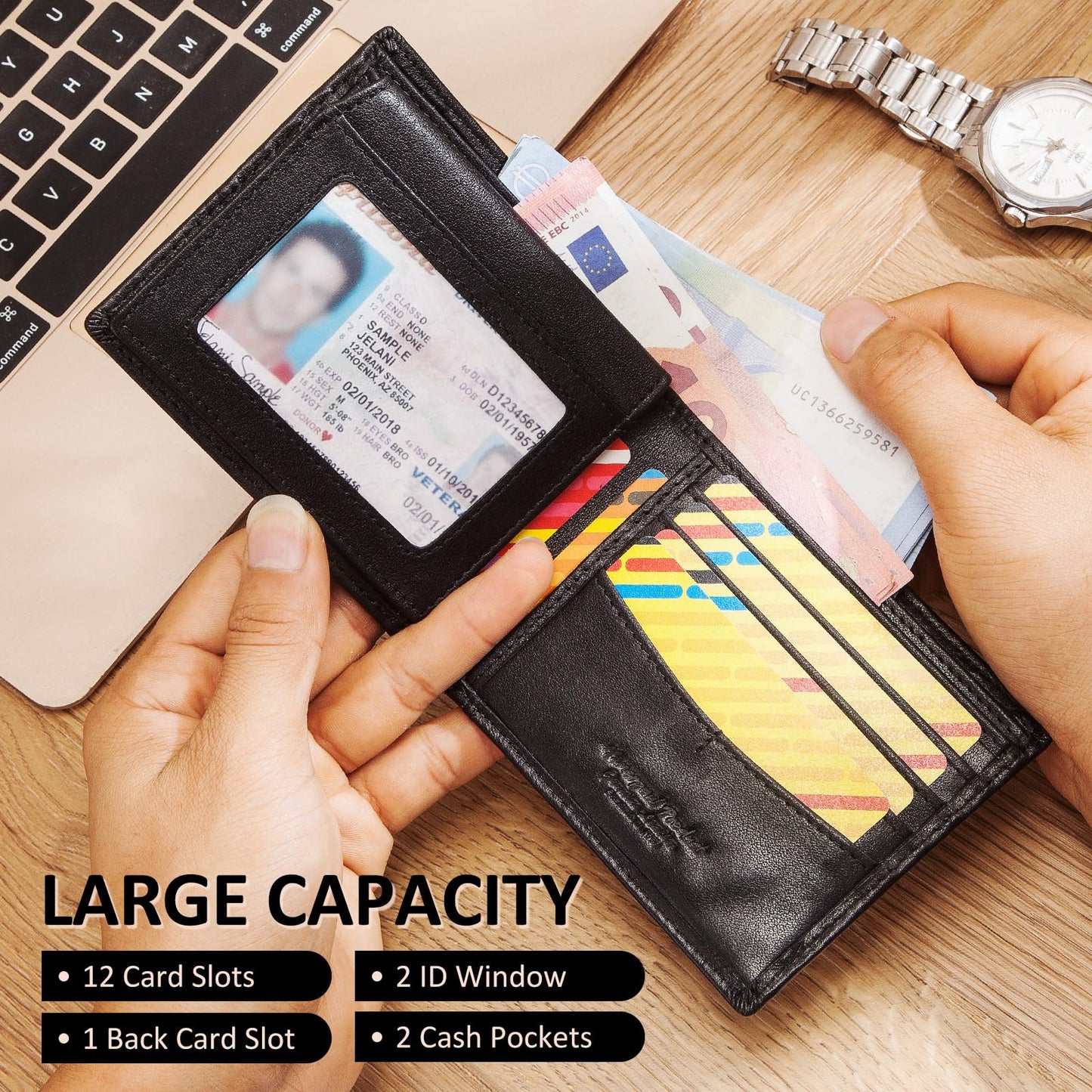 HUMERPAUL Mens Wallet with Chain, RFID Blocking Genuine Leather Bifold Wallet Minimalist With 2 ID Window (Black)