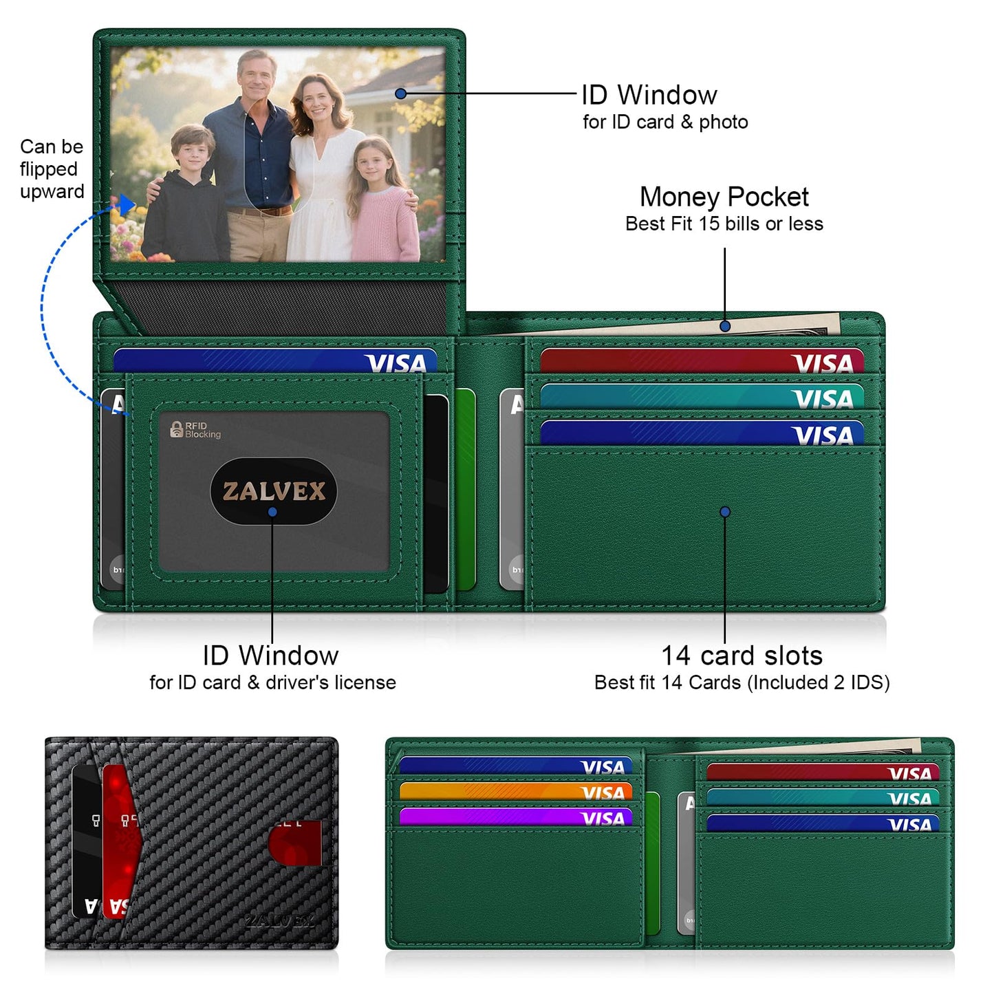 Wallet for Men Slim RFID Blocking Leather Credit Card Holder Wallet for 14 Cards, Bifold Minimalist Thin Wallet with 2 ID Windows & Cash Slot, Front Pockt Carteras Para Hombres, Birthday Gifts for Men
