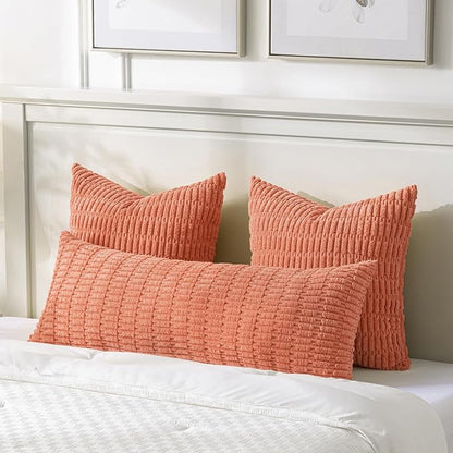 Fancy Homi Coral Long Body Lumbar Lumbar Decorative Throw Pillow Covers 14x36 Inch for Bed Couch Bedroom Bench, Soft Corduroy Rectangle Solid Pillow Case, Rustic Farmhouse Boho Room Decor
