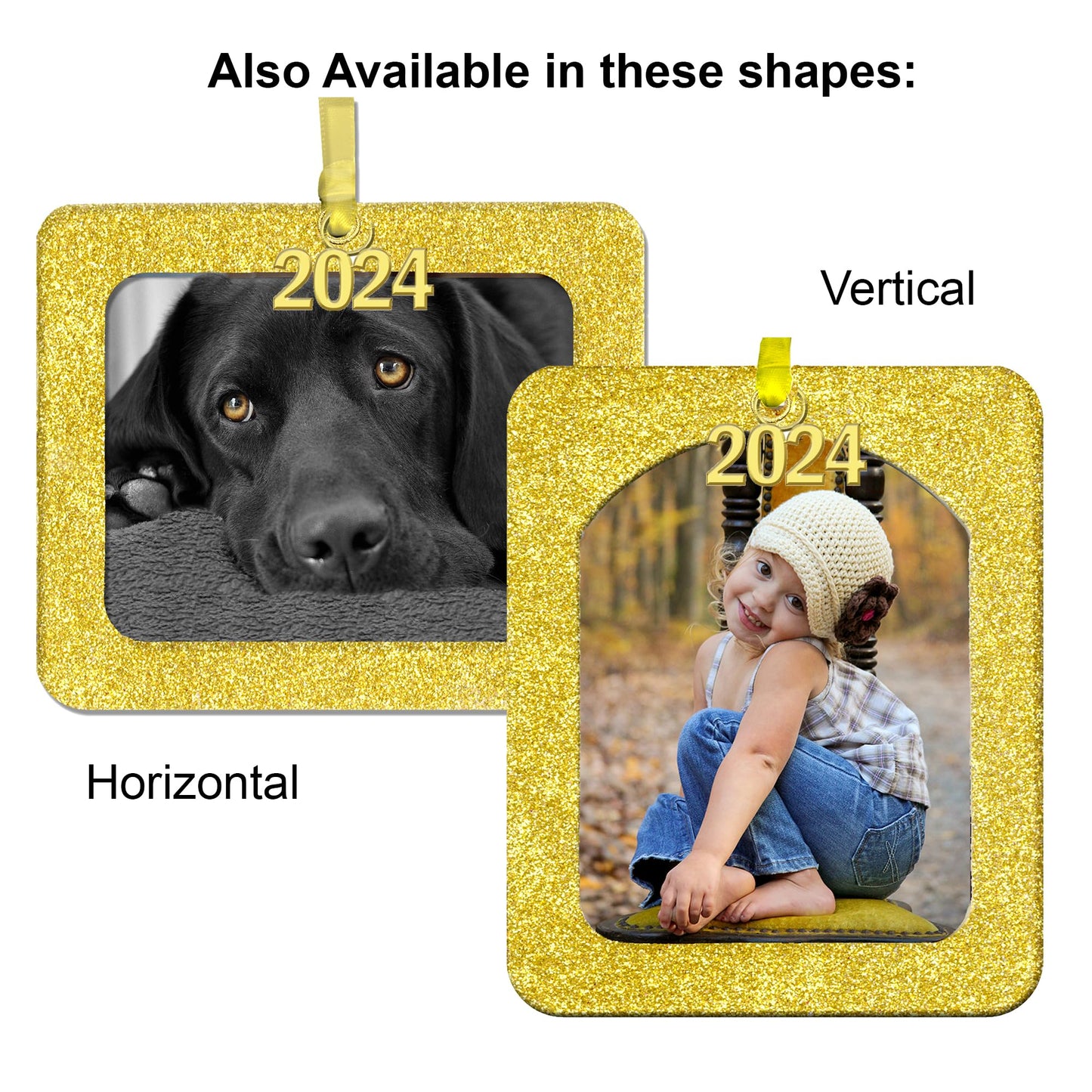 2024 Photo Ornaments for Christmas Tree, Sparkly Glitter Christmas Frame Ornament, Easy-Load Magnetic Design, Includes Satin Ribbon with Gold Charm Plus Photo Protector, Round, Gold