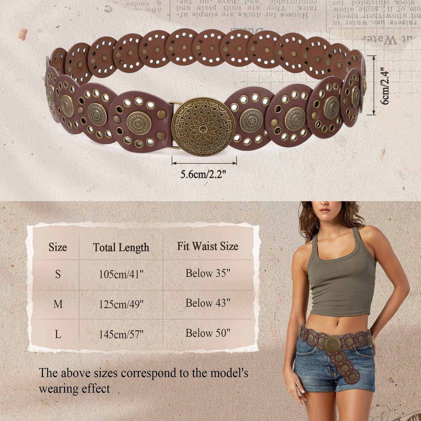 WHIPPY Western Belts for Women Vintage Disc Waist Belts Concho Leather Belts Boho Waist Belt for Dress Jeans, Bronze Brown, S