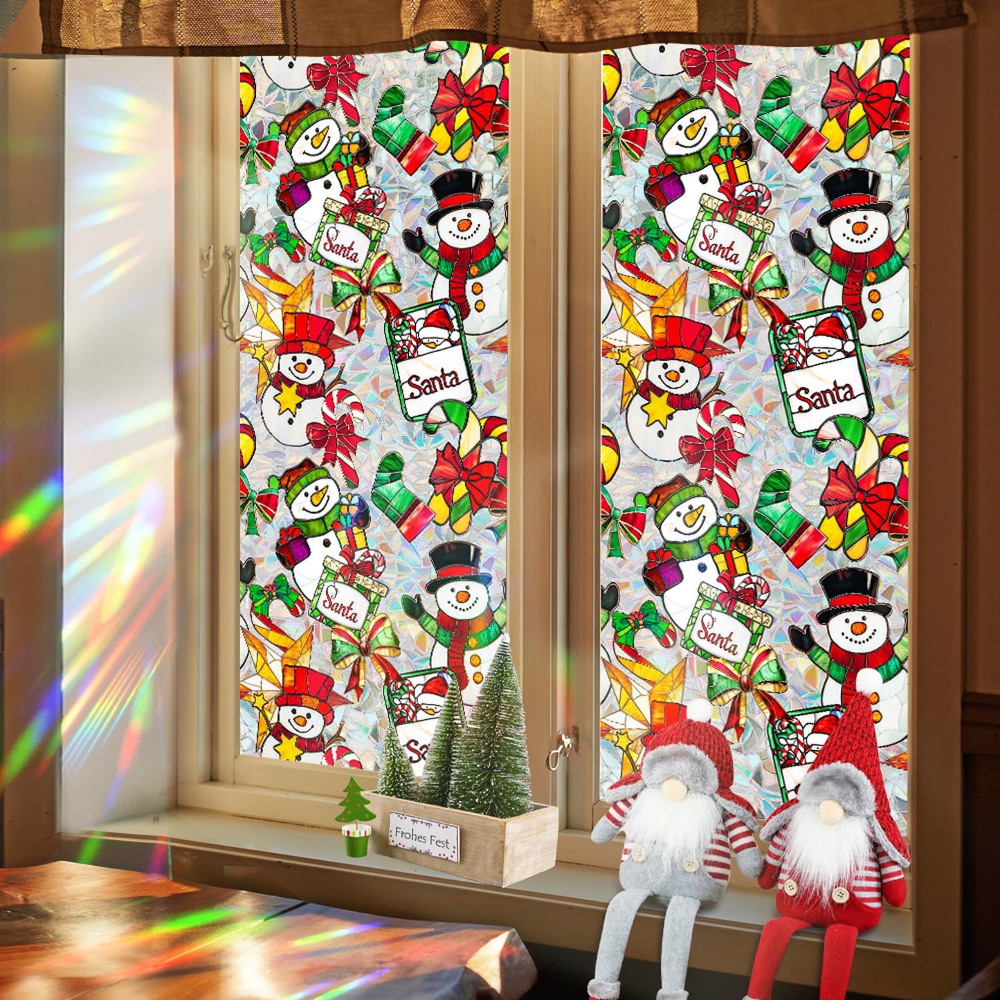 Christmas Stained Glass Window Cling Rainbow Tinted Window Film Privacy Stained Glass Window Decal Snowman Bow Candy Cane Windows Decals for Home School Xmas Party Decoration 17x 39.3 Inch