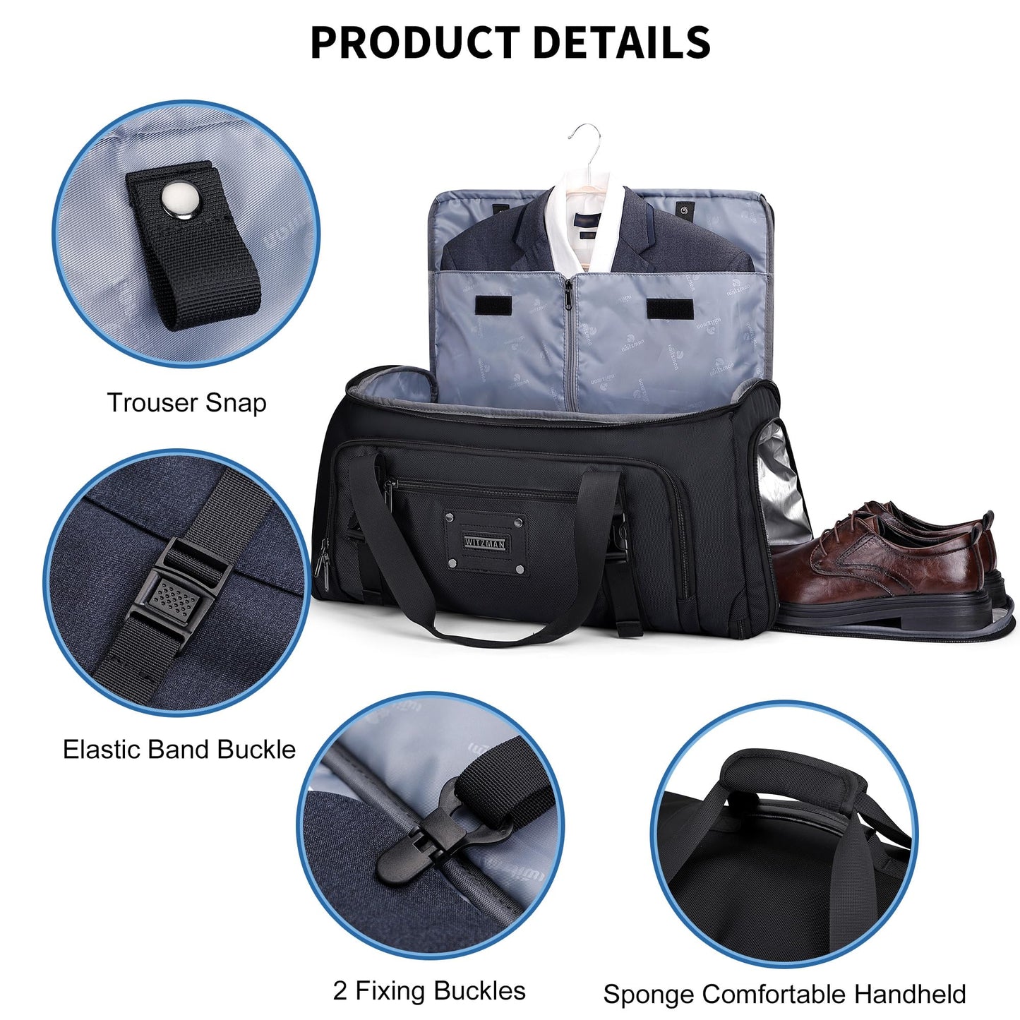 WITZMAN Mens Garment Duffle Bags for Travel Convertible Carry-on Suit Garment Bag for Men Hanging Clothes with Shoe Compartment（B724 Black）