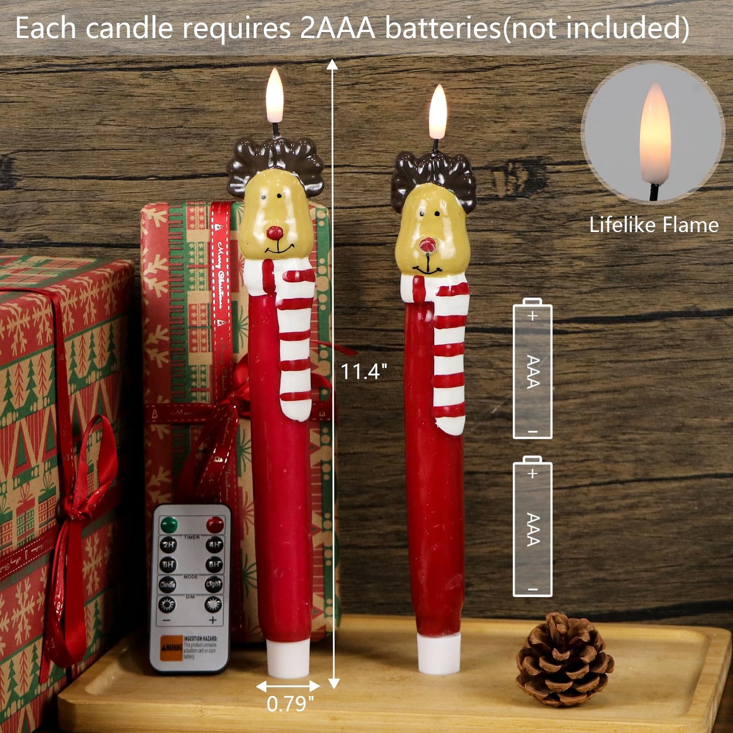 Lasumora Christmas Flameless Taper Candles with Remote Timer, 2 Pcs Hand-Painted Reindeer Sculpture Shape LED Candlesticks with 3D Flickering Flame for Home Décor Christmas Gifts