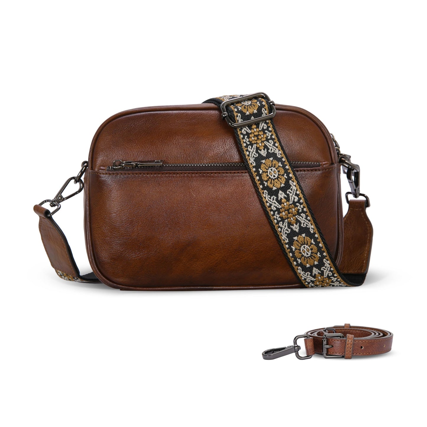 Iswee Crossbody Bags for Women Genuine Leather Shoulder Purse Satchel Bags Leather Purse and Handbags with Adjustable Guitar Strap(Coffee)
