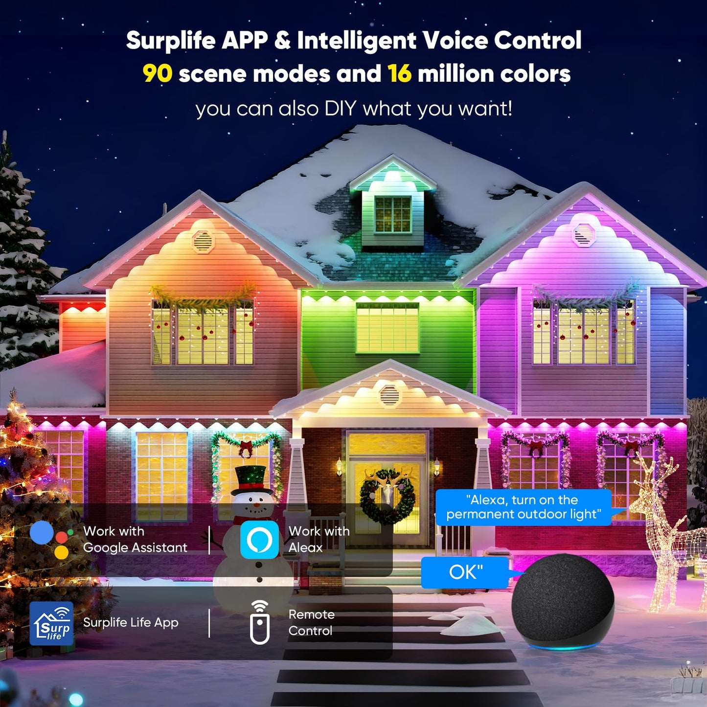 Smart Permanent Outdoor Lights for House, 100ft with 60 Smart AI RGB+IC Christmas House Lights, 98 Scene for Halloween Christmas All Holiday Decor, IP67 Waterproof Work with Alexa, Google Assistant