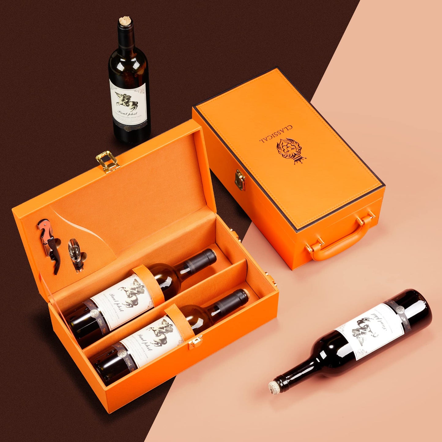 HiCrast Wine Box with 2 Bottle Leatherette Top Handle Premium Wine Carrier Case Orange