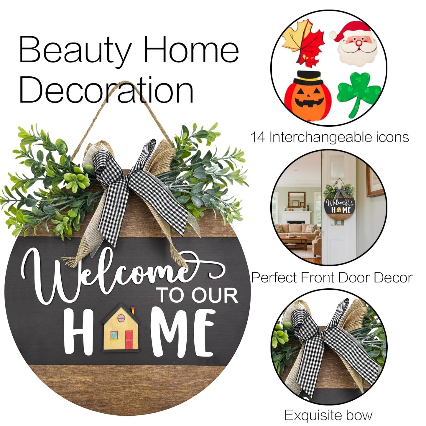 Interchangeable Seasonal Round Wood WELCOME TO OUR HOME Sign for Front Door,Rustic Hanging Wood Wreaths Sign,Farmhouse Porch Fence Welcome Wreaths Decorations.(12inch)